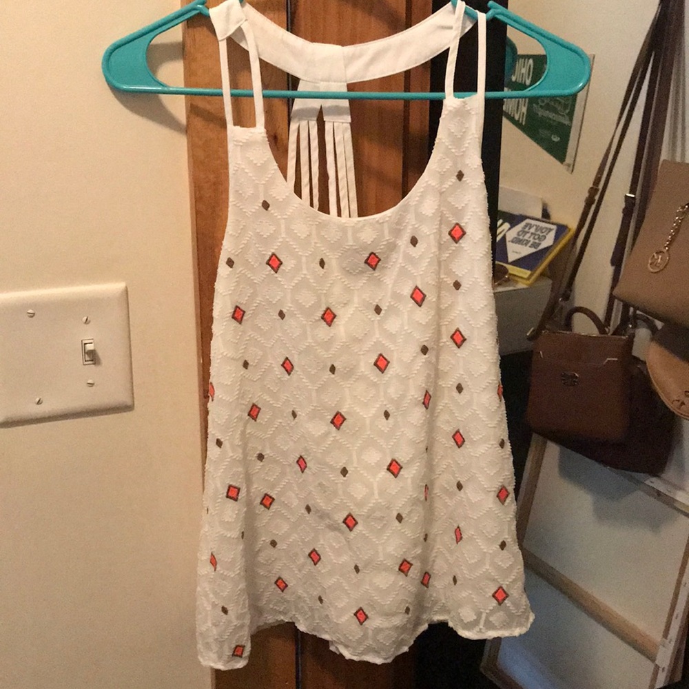 White tank rope with brown and peach embroidery